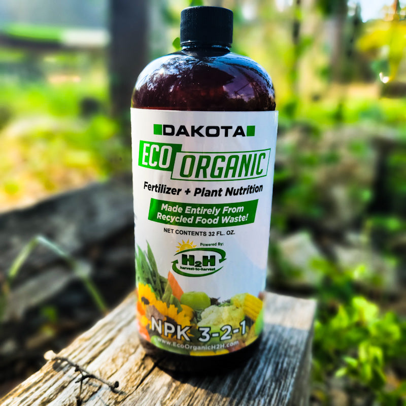 the label on a bottle of organic liquid fertilizer Eco Organic Sustainable Liquid Fertility 32oz